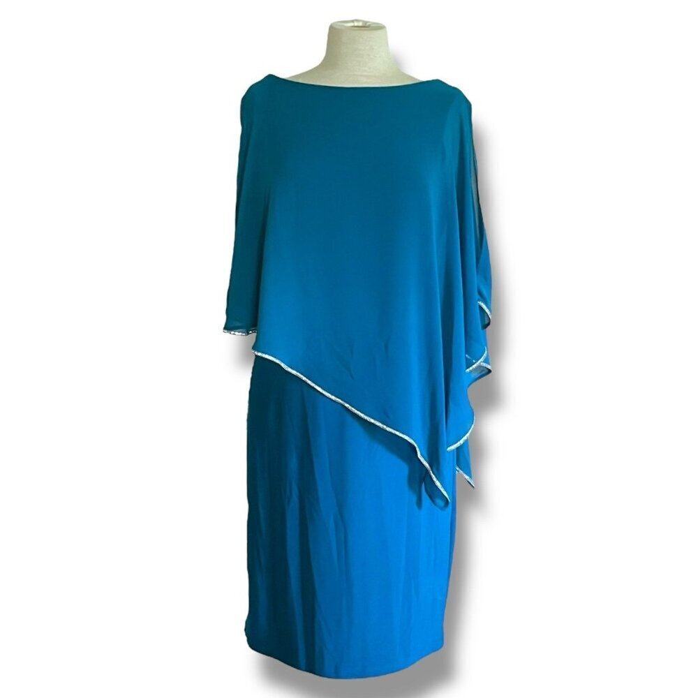 Joseph Ribkoff Womens Dress Sz 14 Peacock Blue Caped Rhinestone Trim Stretch - Picture 2 of 10
